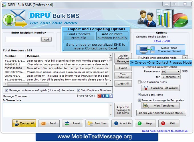 Bulk SMS Software Professional screenshots for how to send text messages